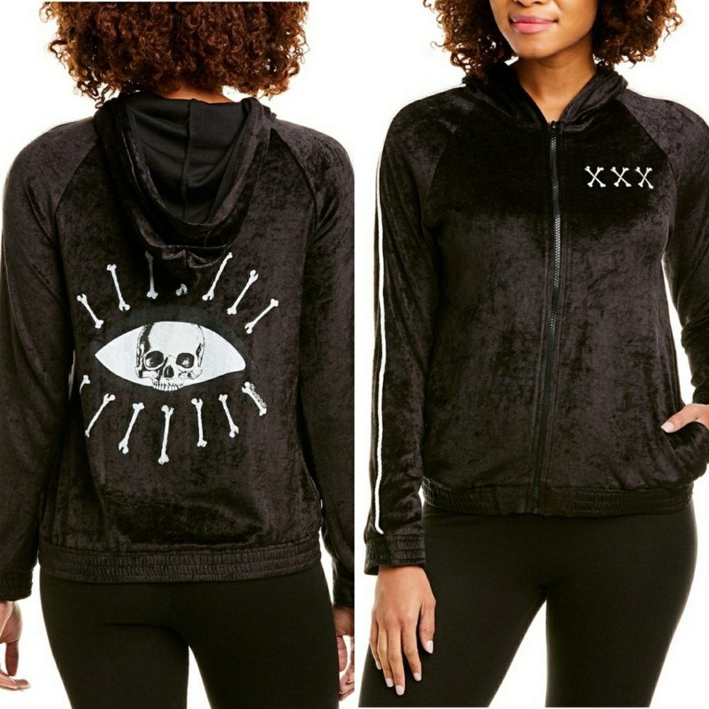 ⭐🖤LAUREN MOSHI SKULL VELOUR NADIA HOODIE SZ XS🖤⭐ - Picture 1 of 8